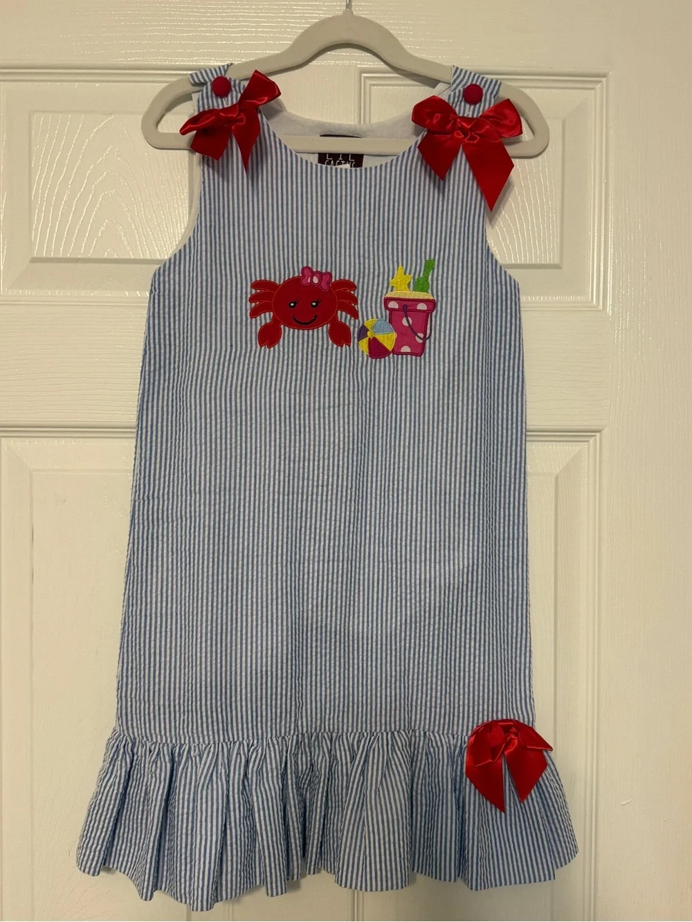 Girls' Seersucker Crab Applique Dress with Red Bows